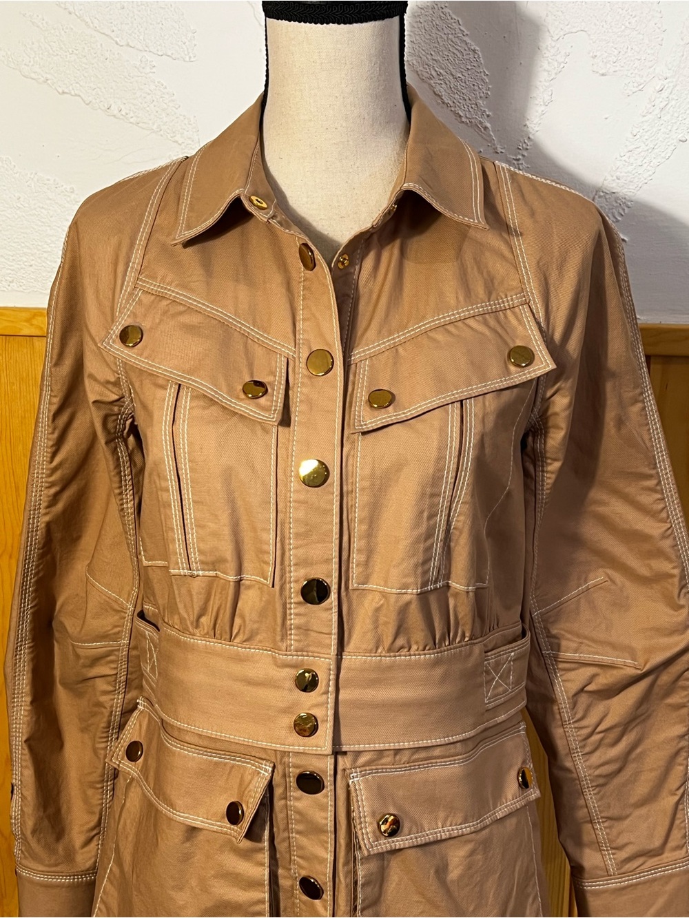 Veronica Beard Keswick Topstitch Cotton Khaki Utility Jacket Size-4 - Picture 3 of 12